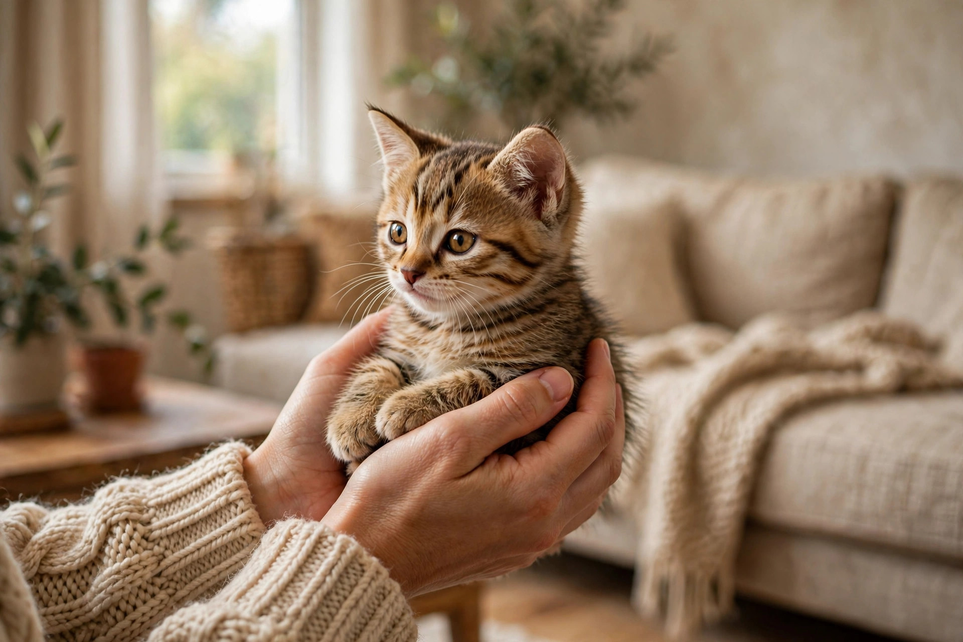 New kitten with food bowl, toys and care essentials for owners