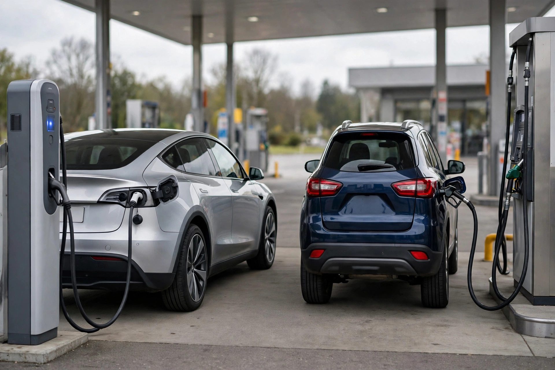 Electric car charging beside a gasoline car at a crossroads comparison