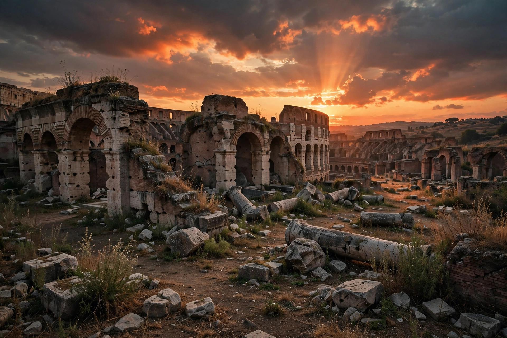 Ancient Roman Colosseum ruins with dramatic historical atmosphere
