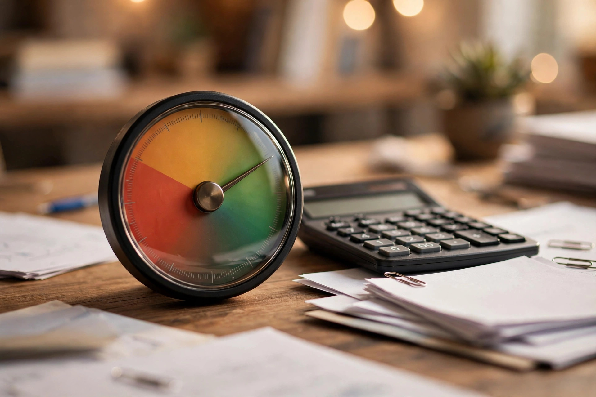 Credit score gauge dial with financial documents and calculator