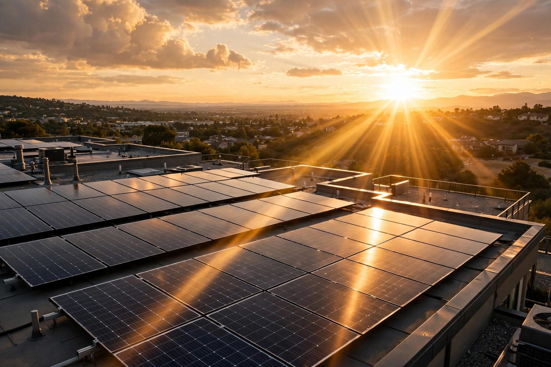 Rooftop solar panels absorbing sunlight with energy flow diagram