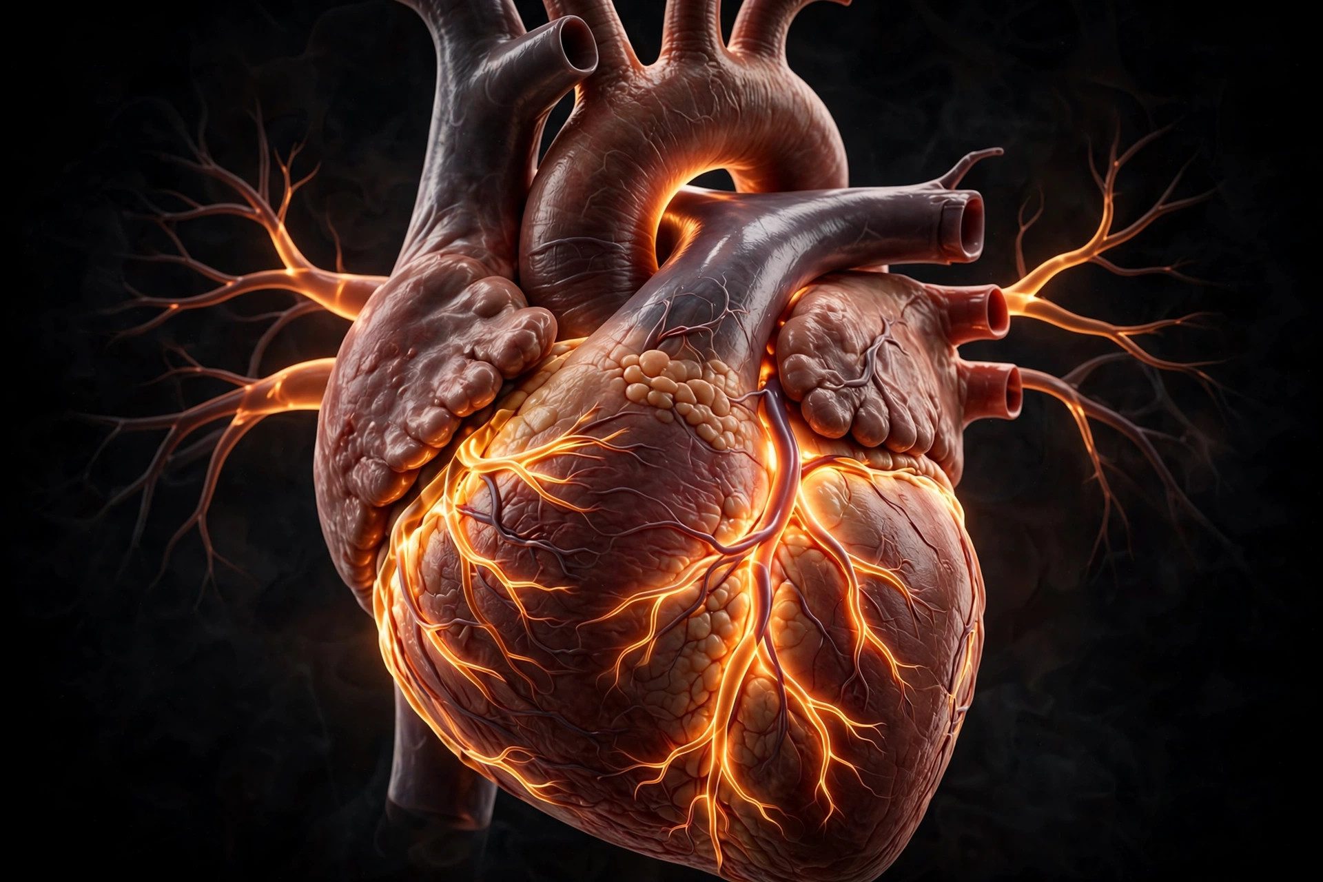 Detailed anatomical illustration of the human heart with blood flow