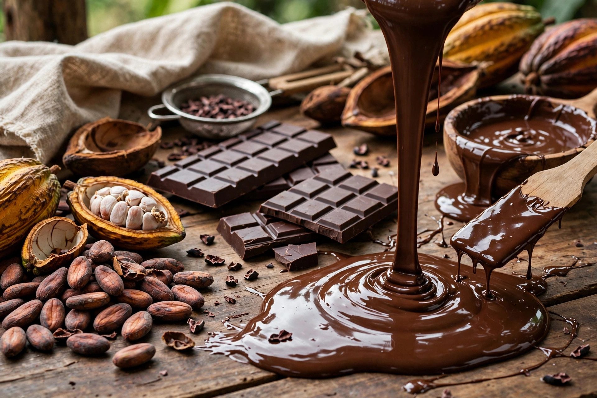 Cacao beans and chocolate bars showing the chocolate-making process