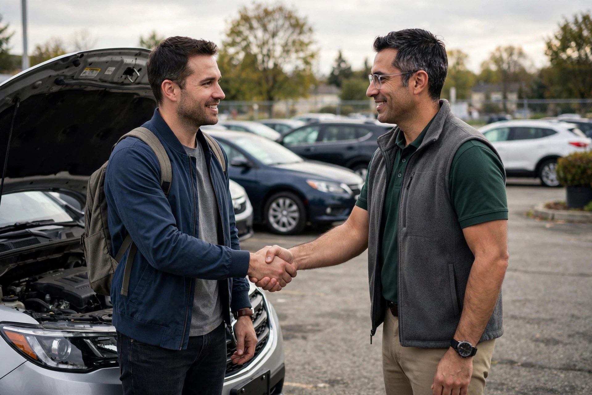Buyer inspecting a used car with checklist at a dealership lot