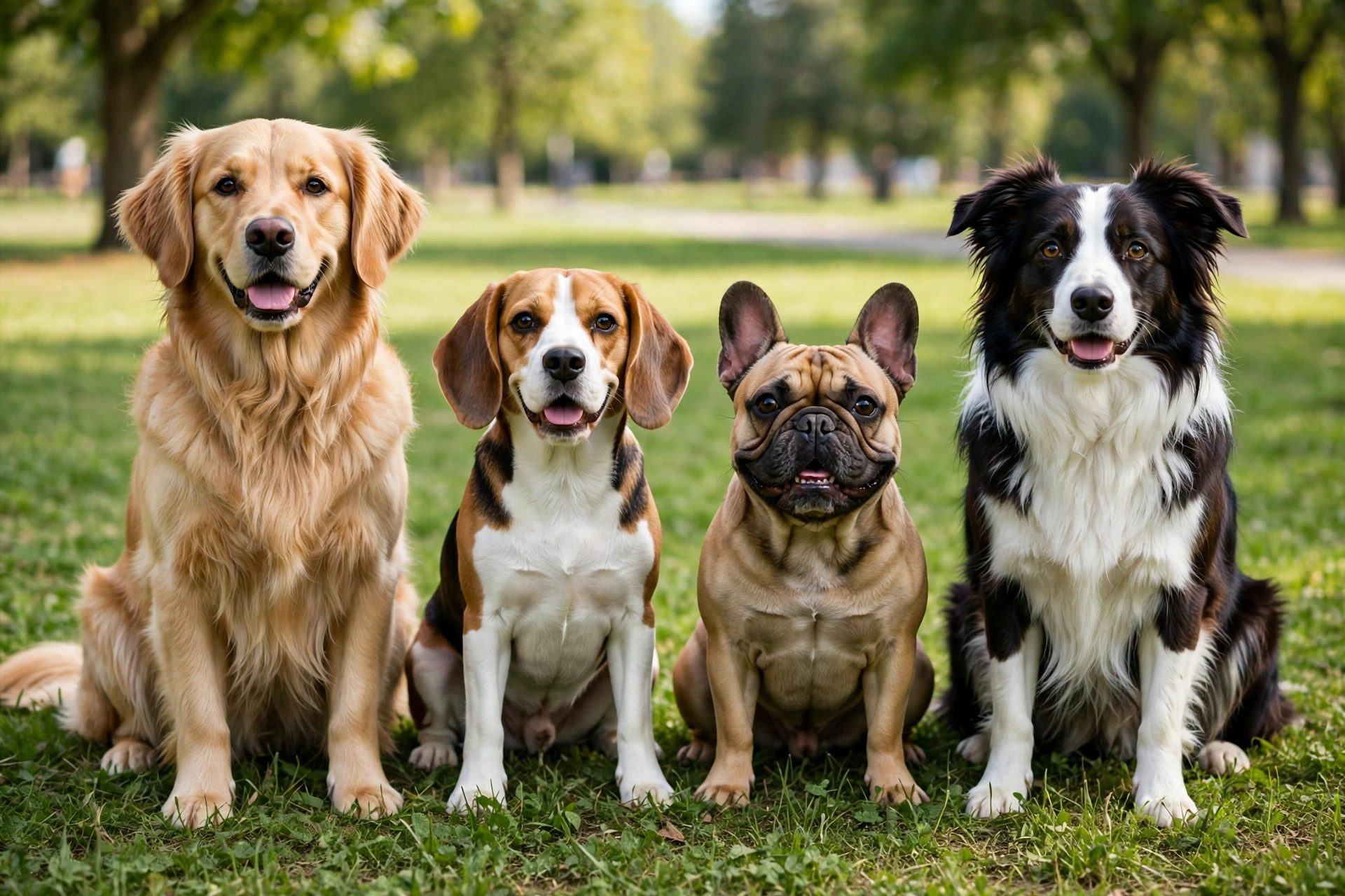 Various dog breeds sitting together showing size and type differences
