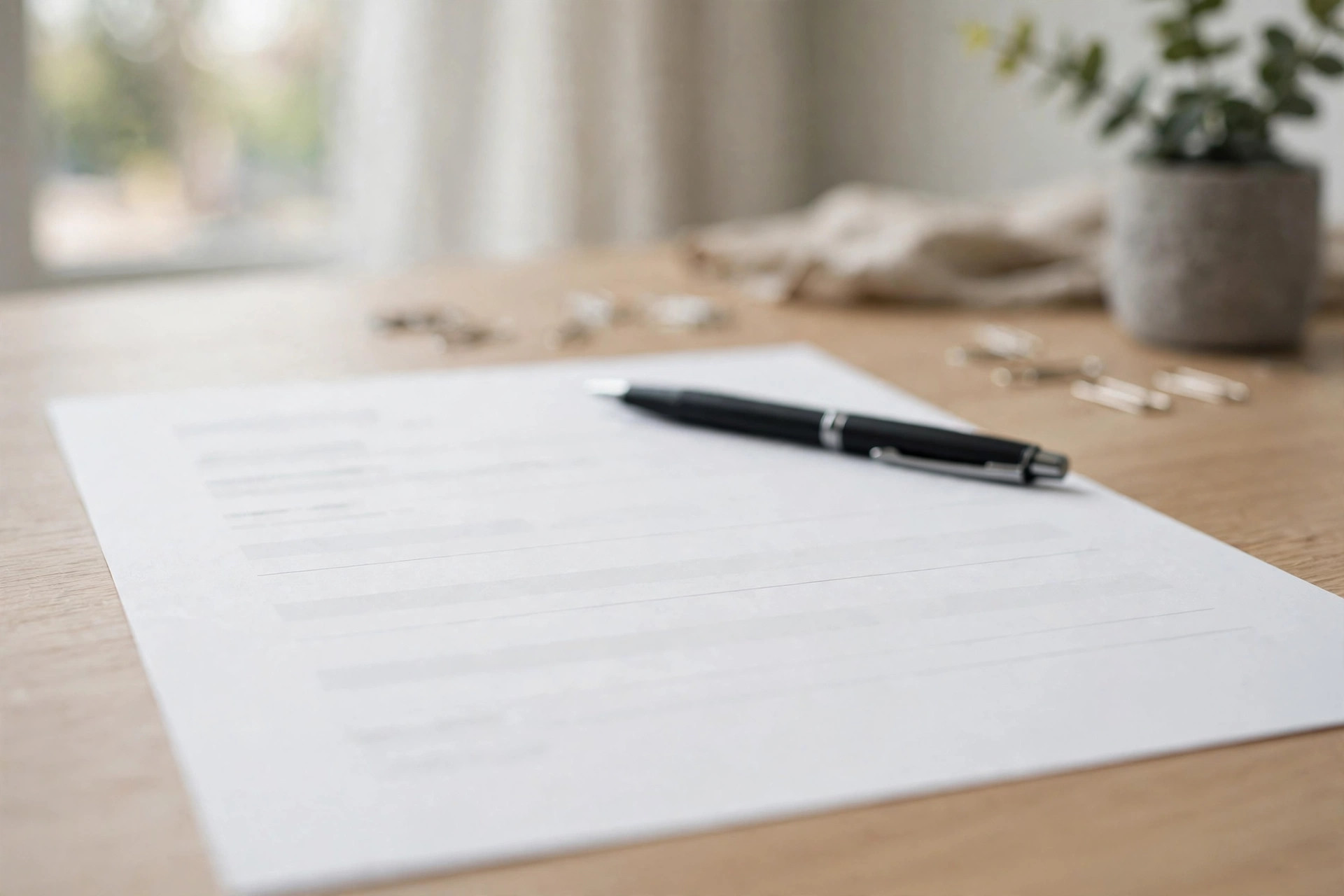 Professional resume document with pen on an office desk