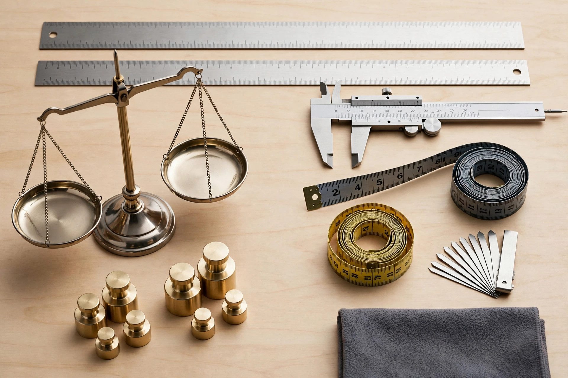 Measuring tools including ruler, scale and thermometer showing metric units