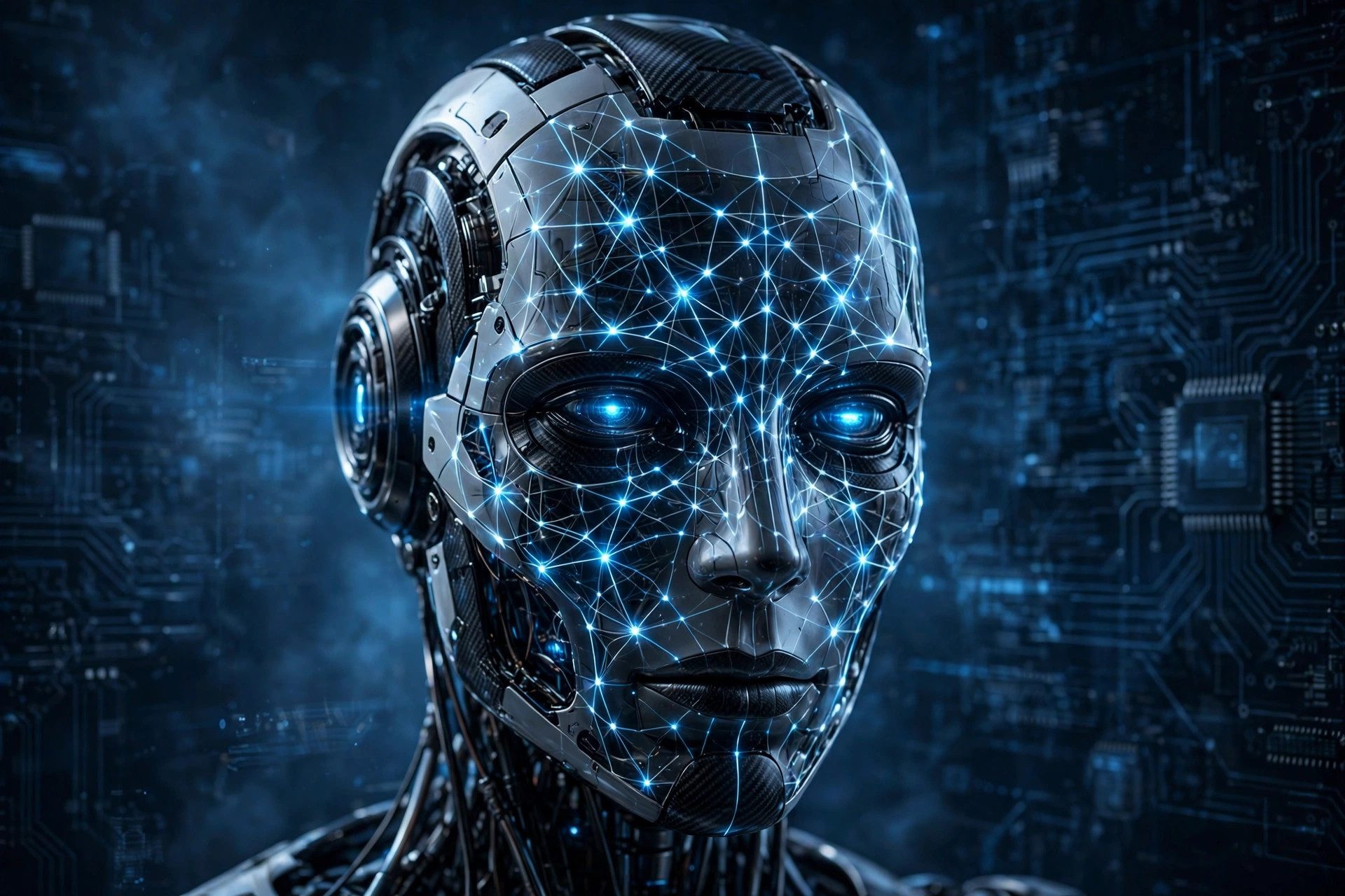 Robot head with glowing neural network patterns on a blue digital background