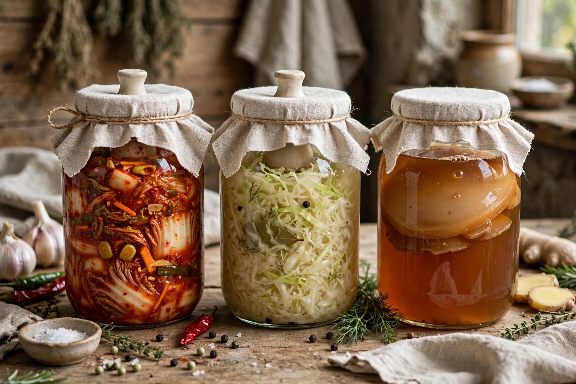 Fermentation jars with kimchi, kombucha and sourdough starters bubbling