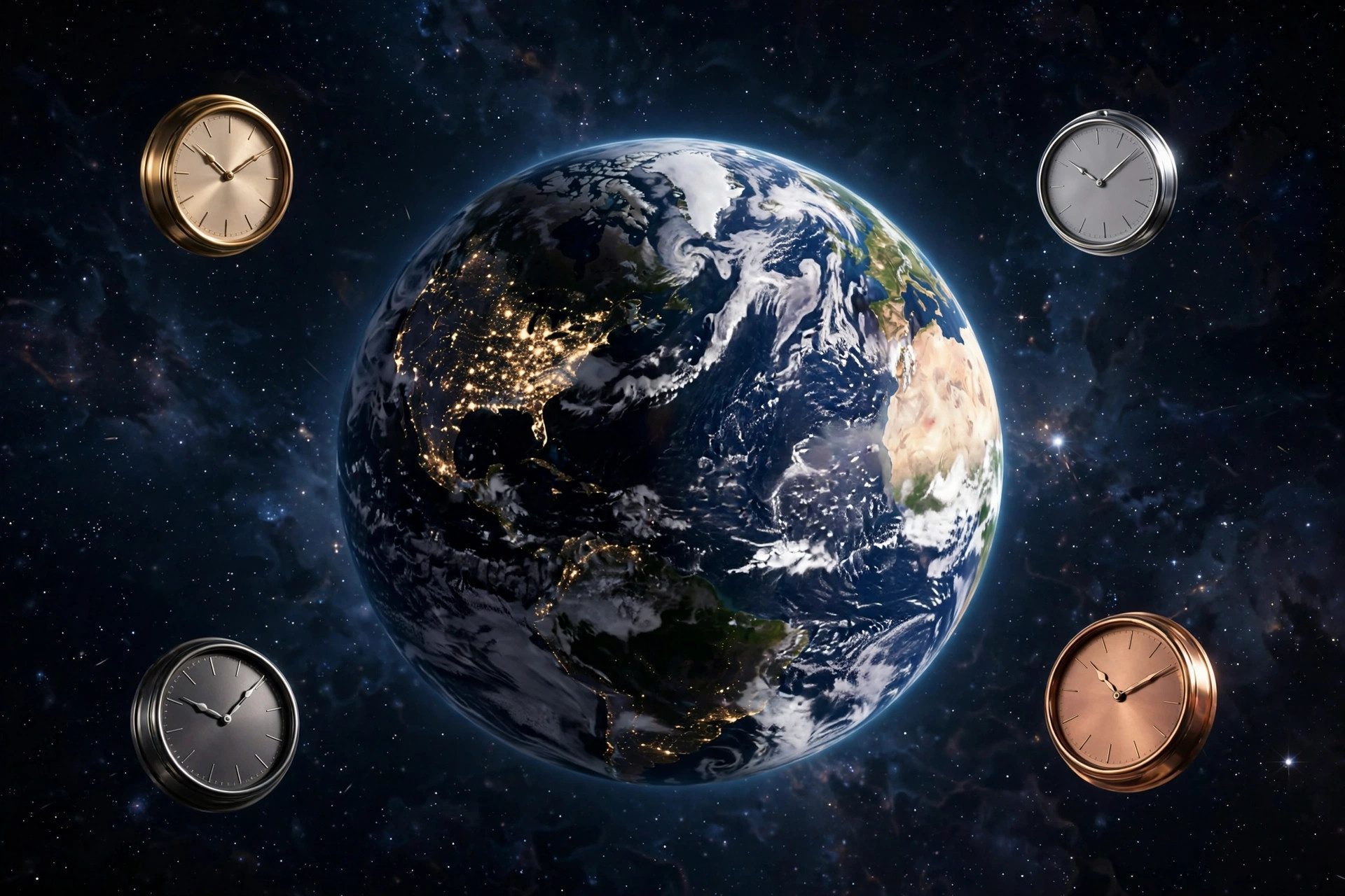 World map with time zone bands and clocks showing global times